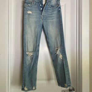 MOTHER Blue Straight Leg Jeans with Distressed Details
